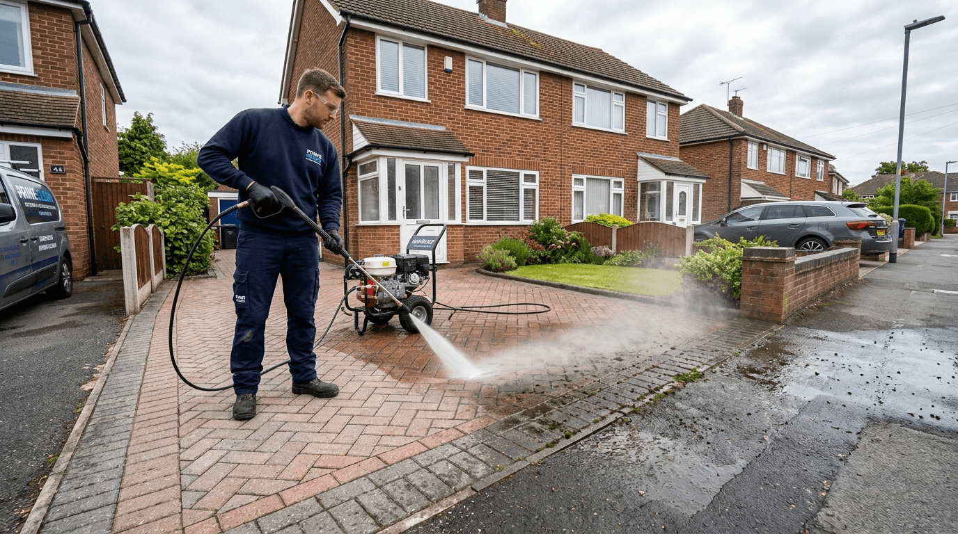 Exterior cleaning operative pressure washing a block-paved driveway in Lancashire